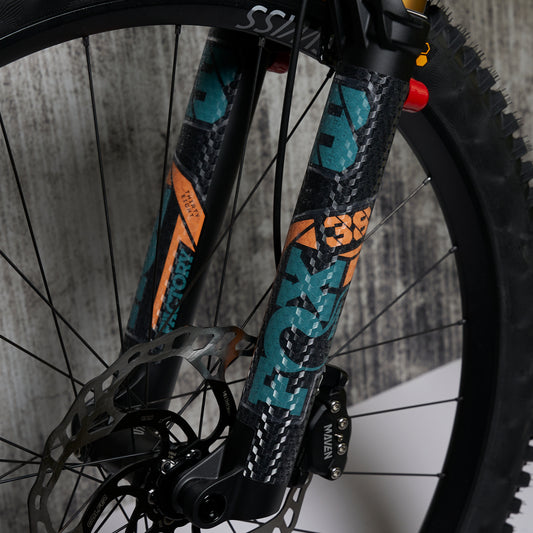 RideStyle clear bike fork protection film providing durable protection against scratches, chips and abrasion on MTB forks.