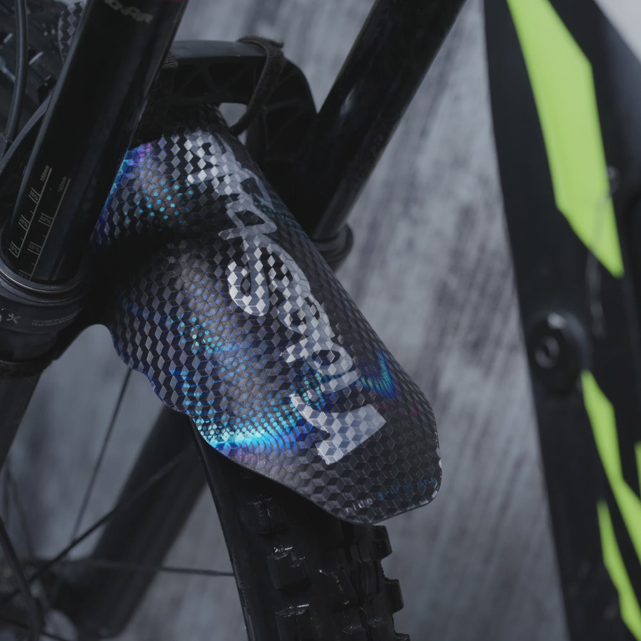 Mountain bike fender with Vortex RideStyle graphics, designed for enduro and downhill riders seeking lightweight front wheel protection.