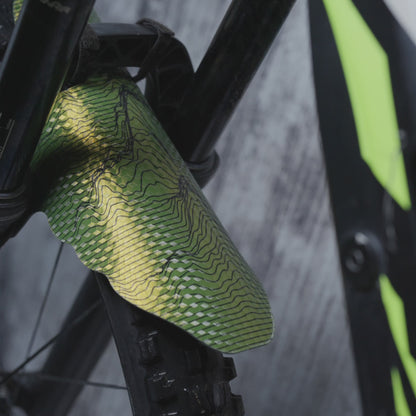 Mountain bike front fender with Elevation RideStyle graphic pattern, built for durability and protection during enduro and trail riding conditions.