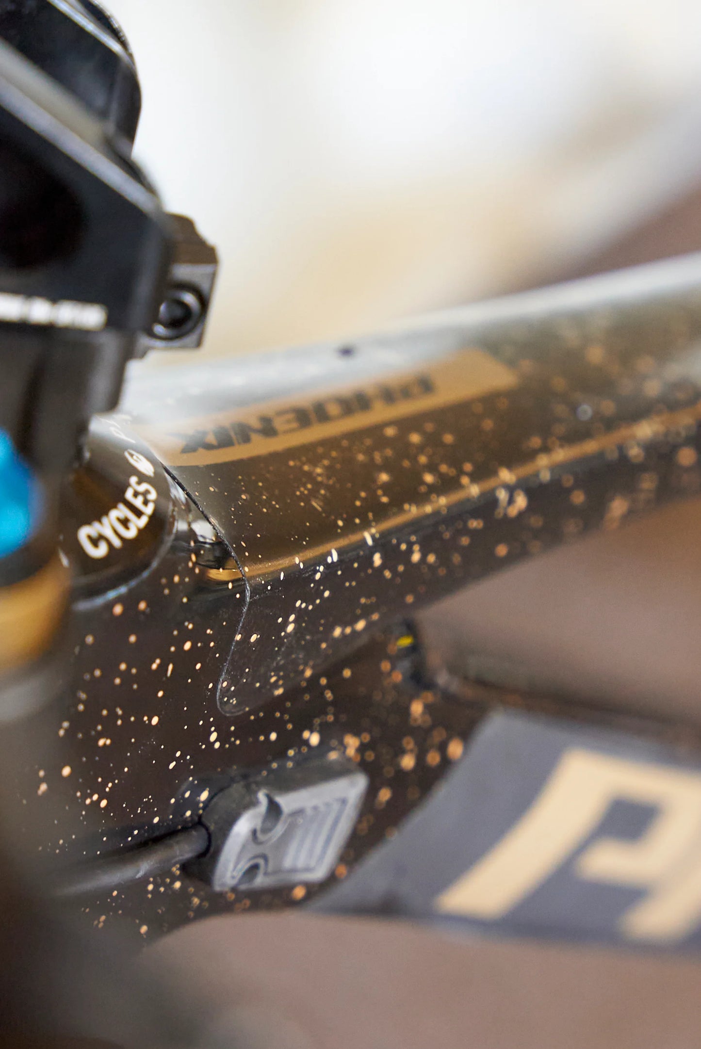RideStyle clear glossy frame protection film installed on a mountain bike frame for scratch and impact protection.