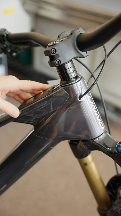 RideStyle clear glossy bike frame protection film designed to protect mountain bike and e-bike frames from scratches, chips and abrasion.