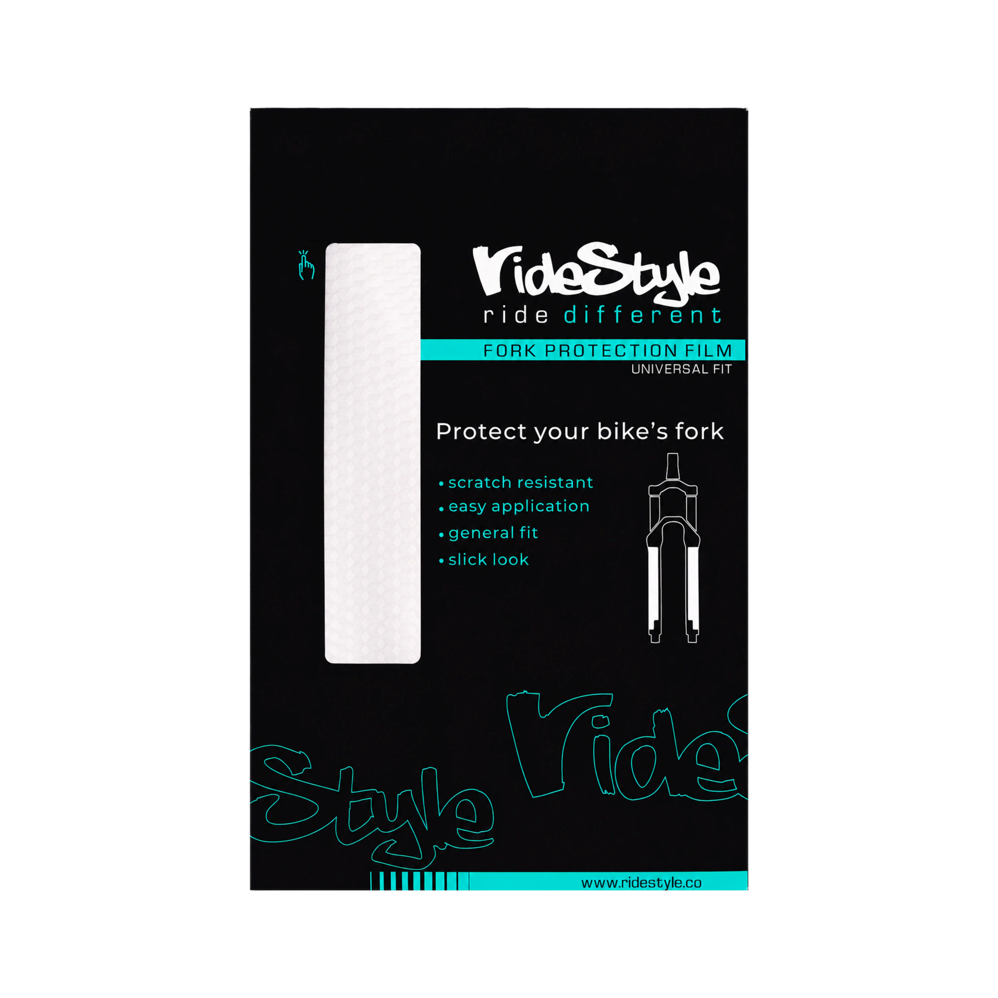 RideStyle clear fork protection film designed to protect mountain bike forks from scratches, impacts and trail debris.