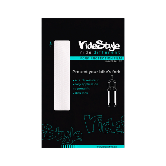 RideStyle clear fork protection film designed to protect mountain bike forks from scratches, impacts and trail debris.