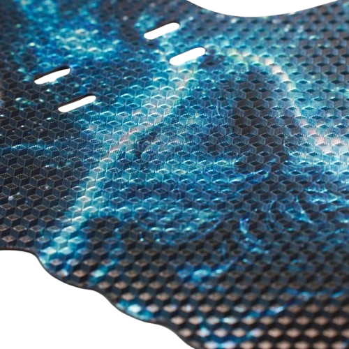 Howl RideStyle MTB mudguard with bold graphic design, mounted on a mountain bike fork for protection from mud, water, and trail debris.