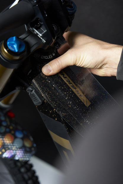 RideStyle clear sparkle frame protection film for mountain bikes, designed to resist abrasion, impacts and paint damage.