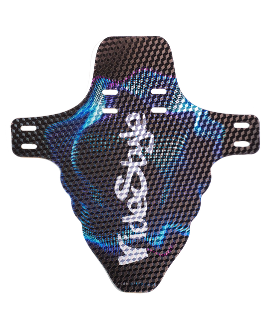 Vortex RideStyle front mudguard with dynamic swirl graphics mounted on a mountain bike fork, built for muddy trail conditions.